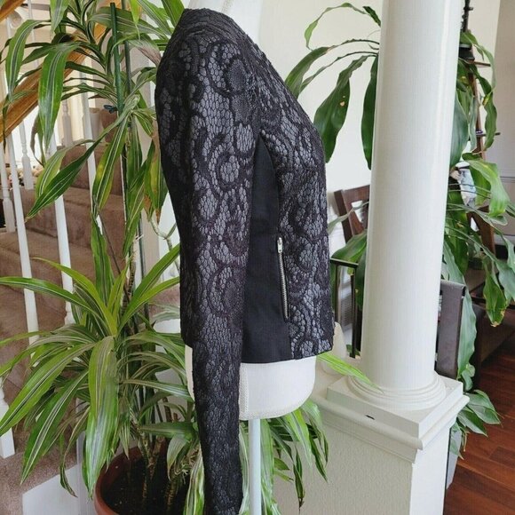Miss Selfridge Black Lace & Metallic Gunmetal Moto Jacket Size 8 Lightweight - Picture 3 of 9